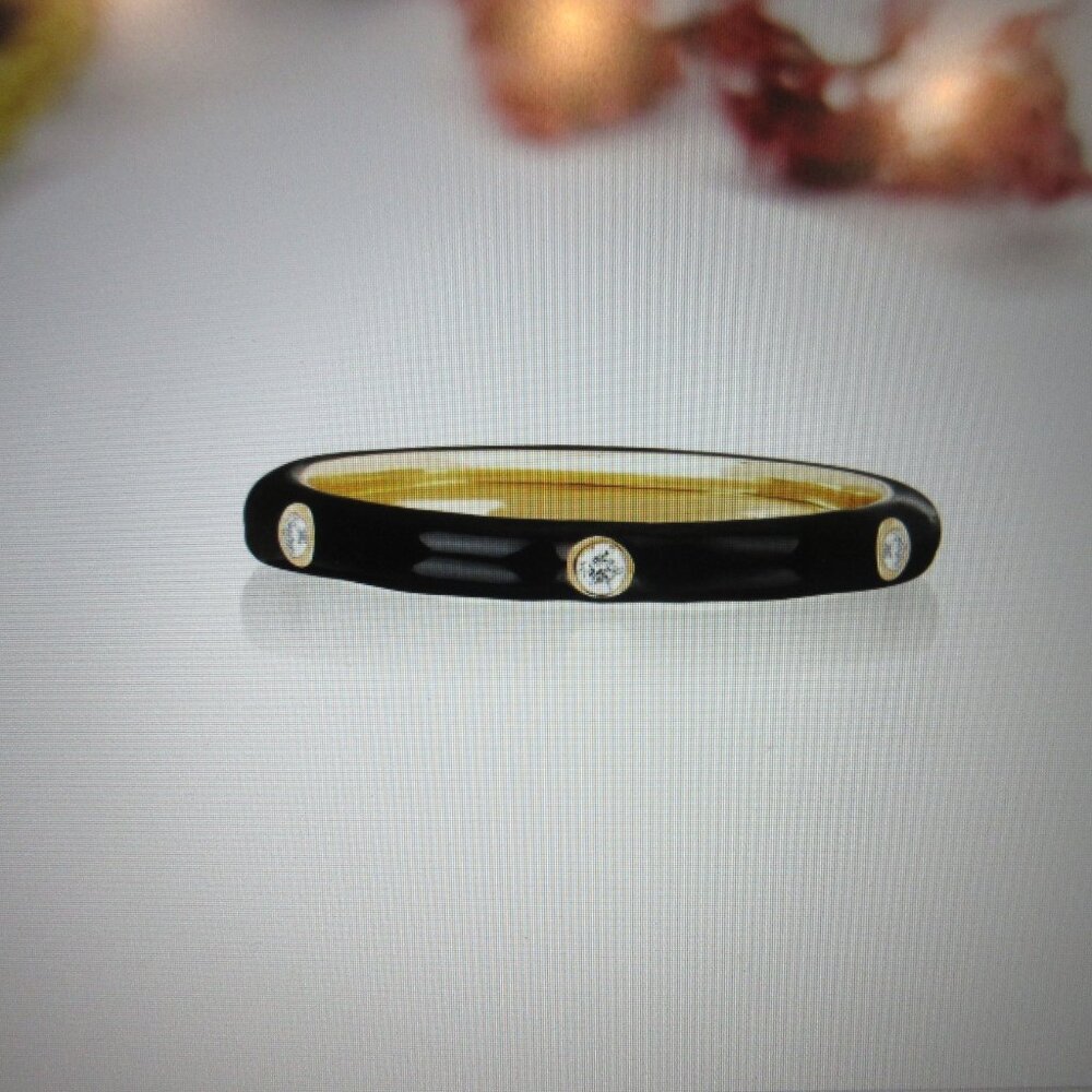 💕 SAVE $400 SALE 💕- 14k Gold Black Enamel Diamond Ring Bezel-Set Band